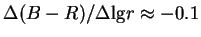 $\Delta(B-R)/\Delta{\rm lg}r \approx -0.1$