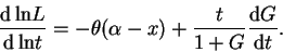 \begin{displaymath}
\frac{{\rm d}\,{\rm ln}L}{{\rm d}\,{\rm ln}t} = -\theta(\alpha - x) +
\frac{t}{1 + G} \frac{{\rm d}G}{{\rm d}t}.
\end{displaymath}